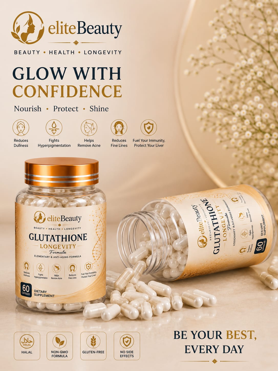 Glutathione Longevity Capsules | 500mg Glutathione with Collagen, Vitamin C, CoQ10 & Alpha Lipoic Acid | Anti-Aging & Skin Brightening Supplement (60 Capsules)