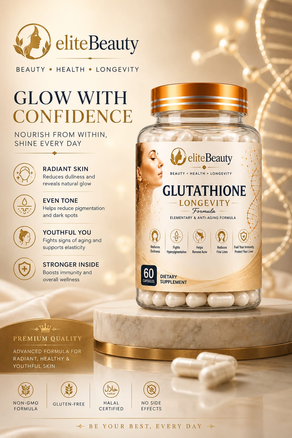 Glutathione Longevity Capsules | 500mg Glutathione with Collagen, Vitamin C, CoQ10 & Alpha Lipoic Acid | Anti-Aging & Skin Brightening Supplement (60 Capsules)